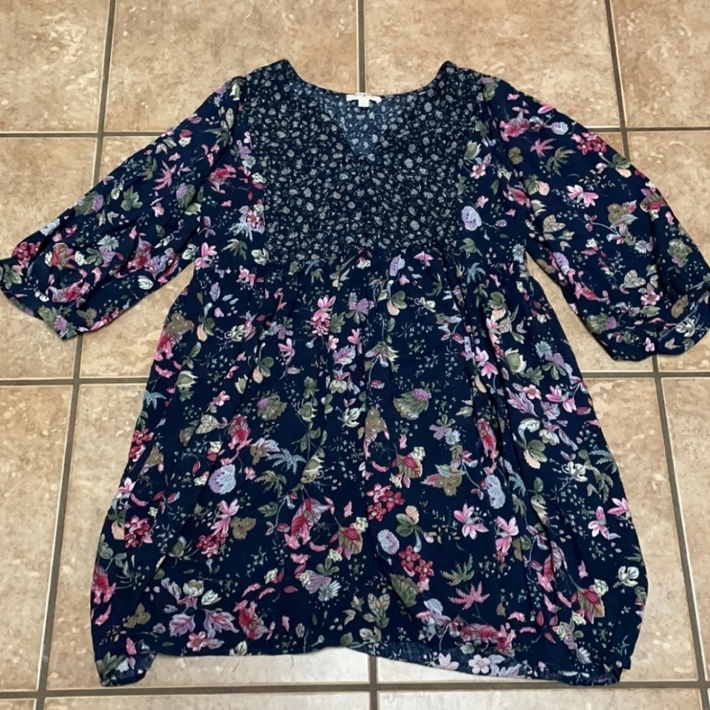 UMGEE Boho Floral Print 3/4 Sleeve Flowy Peasant Tunic Top Blouse or Mini-dress